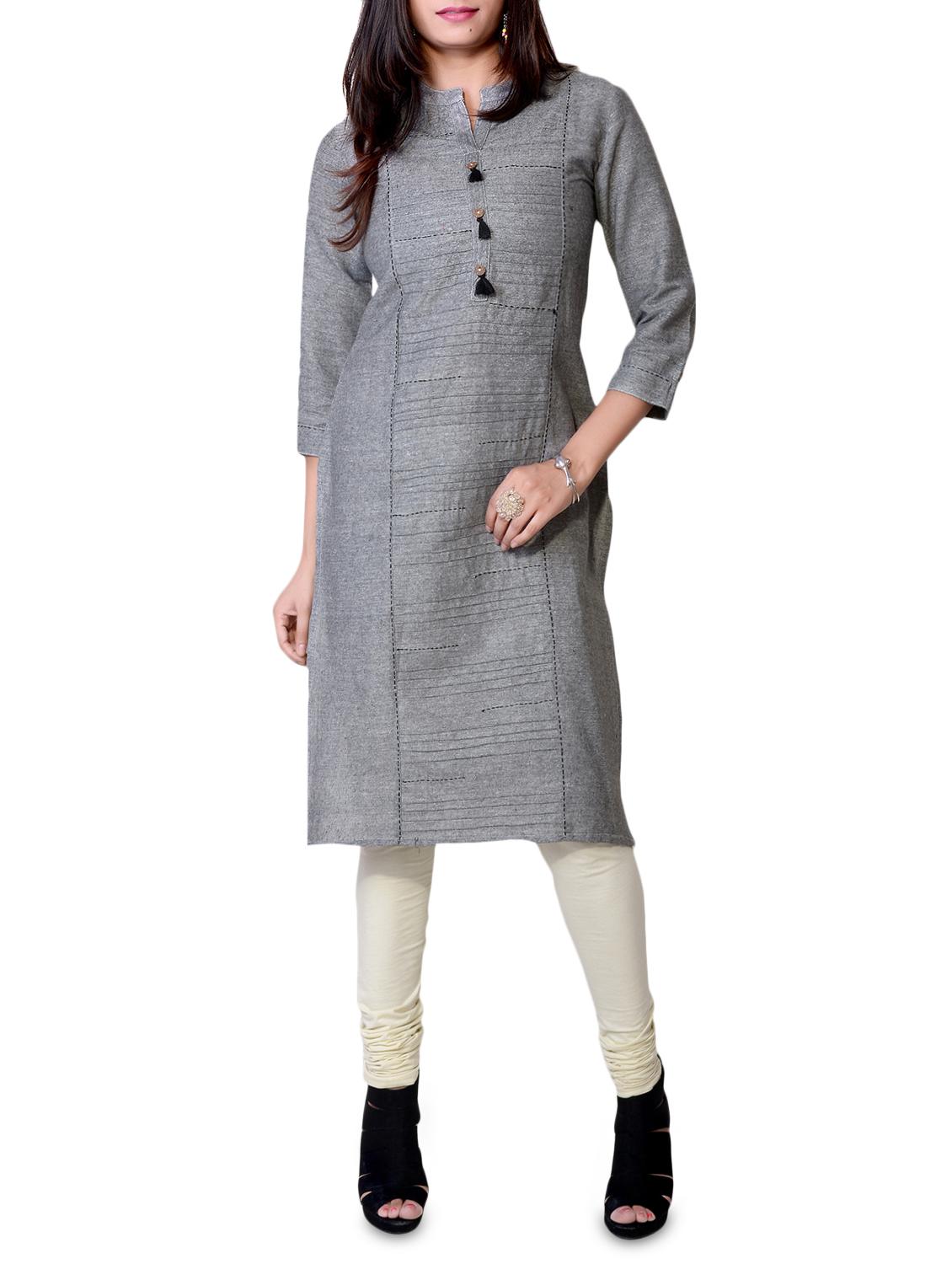 grey cotton straight kurta - 14981953 - Zoom Image - 1