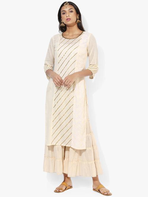 indian dobby cream cotton straight gotta patti kurta - 14986361 - Standard Image - 1