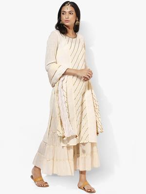 indian dobby cream cotton straight gotta patti kurta - 14986361 - Standard Image - 2