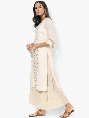 indian dobby cream cotton straight gotta patti kurta - 14986361 - Standard Image - 3