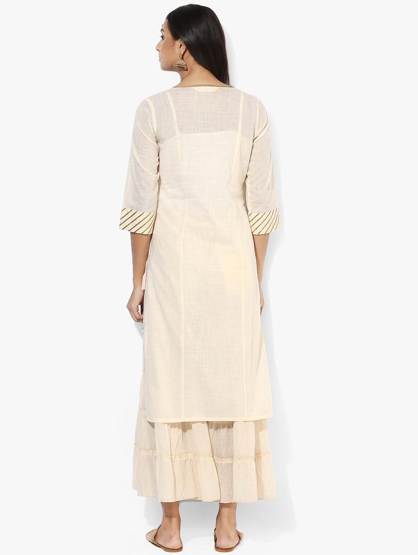 indian dobby cream cotton straight gotta patti kurta - 14986361 - Zoom Image - 4