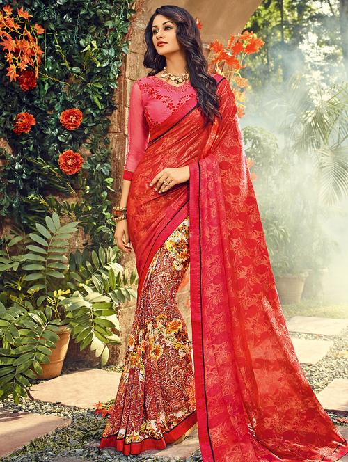 printed half & half saree with blouse - 14986487 - Standard Image - 1