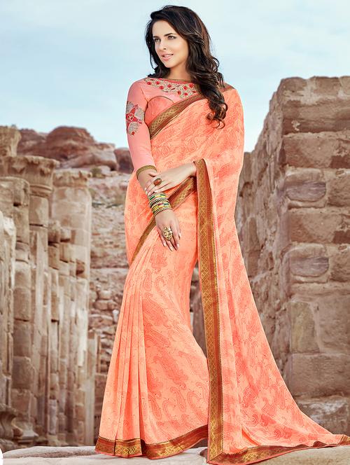 orange georgette printed saree with blouse - 14986491 - Standard Image - 1