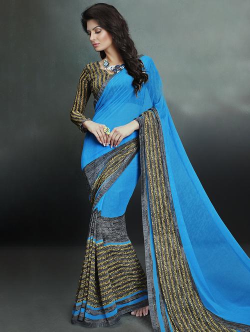 sky blue georgette printed saree with blouse - 14986515 - Standard Image - 1