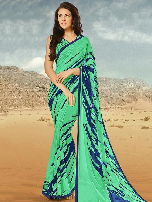 green georgette printed saree with blouse - 14986521 - Standard Image - 1
