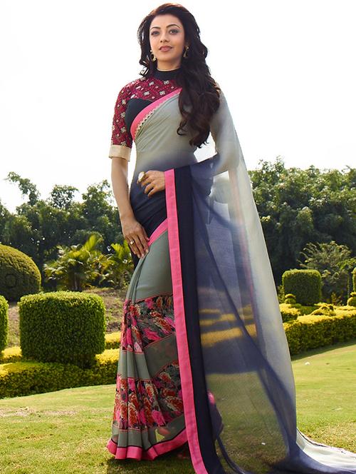 grey georgette printed saree with blouse - 14986538 - Standard Image - 1