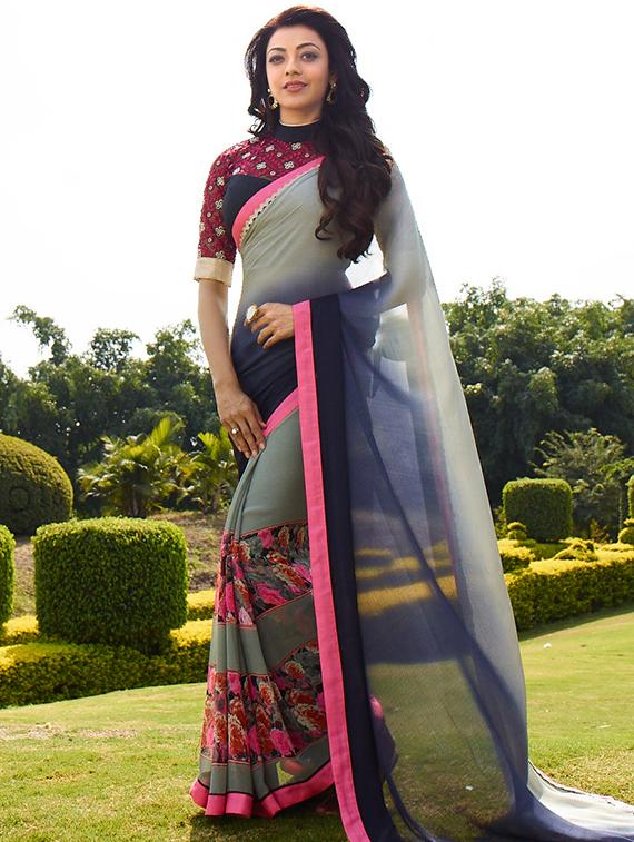 grey georgette printed saree with blouse - 14986538 - Zoom Image - 1