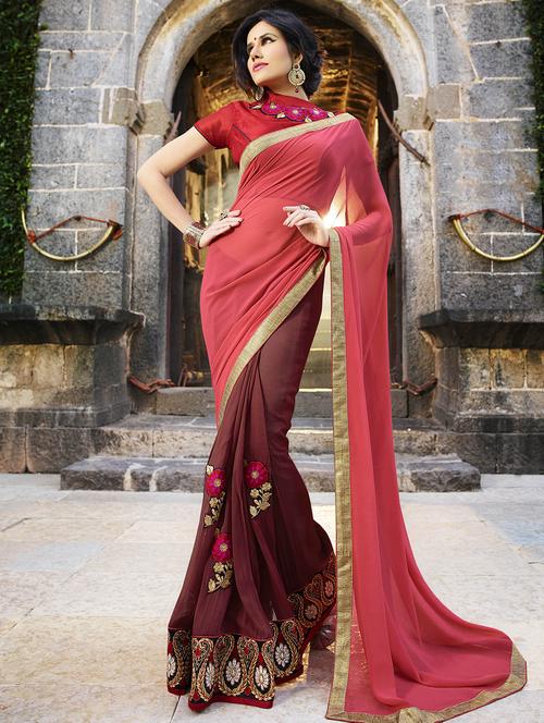 peach georgette half and half saree with blouse - 14986545 - Standard Image - 1