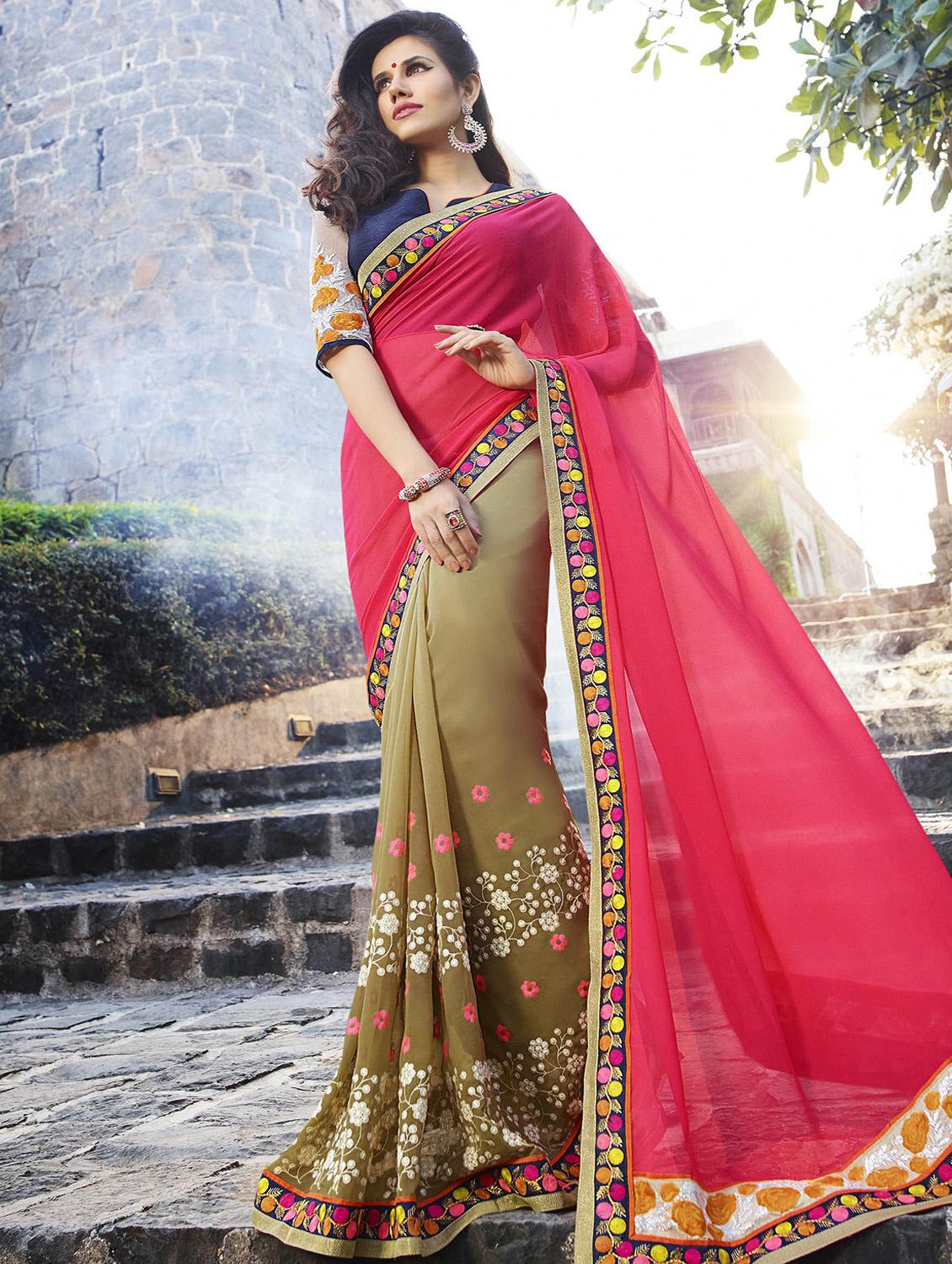 pink georgette half and half saree with blouse - 14986549 - Zoom Image - 1