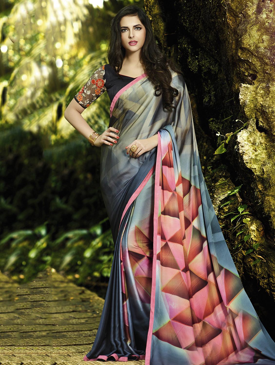 grey georgette printed saree with blouse - 14986582 - Zoom Image - 1
