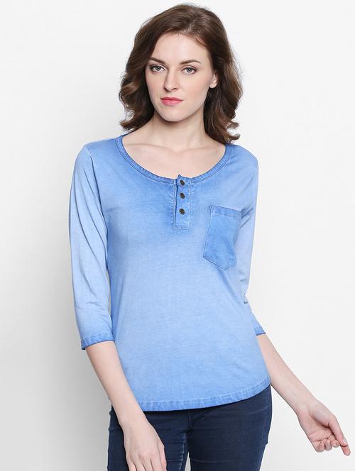 blue solid cotton henley tee - 14986848 - Standard Image - 1