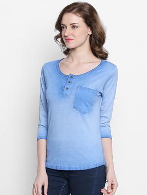 blue solid cotton henley tee - 14986848 - Standard Image - 2
