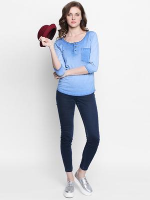 blue solid cotton henley tee - 14986848 - Standard Image - 4