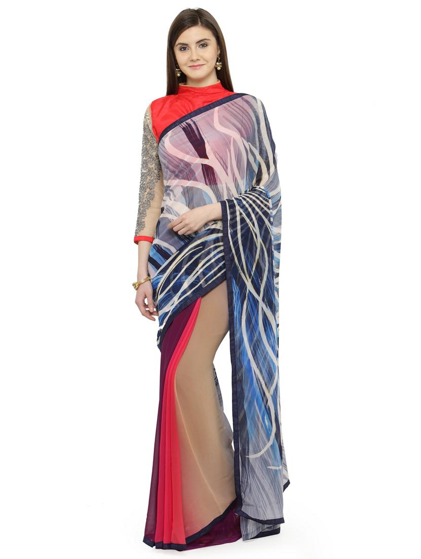 beige printed saree with blouse - 14987260 - Zoom Image - 1