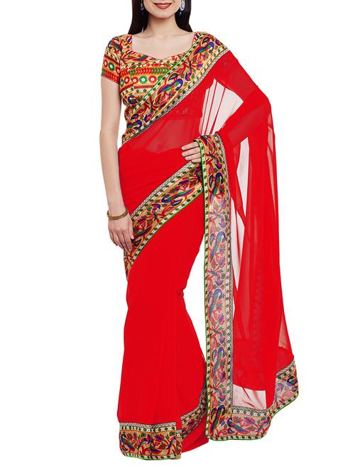 red georgette bordered saree with blouse - 14987418 - Standard Image - 1