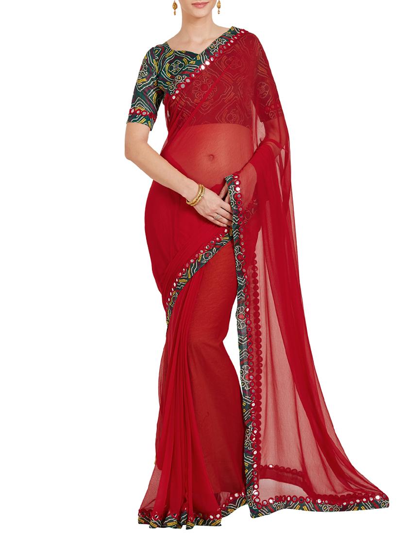maroon chiffon bordered saree with blouse - 14988614 - Zoom Image - 1