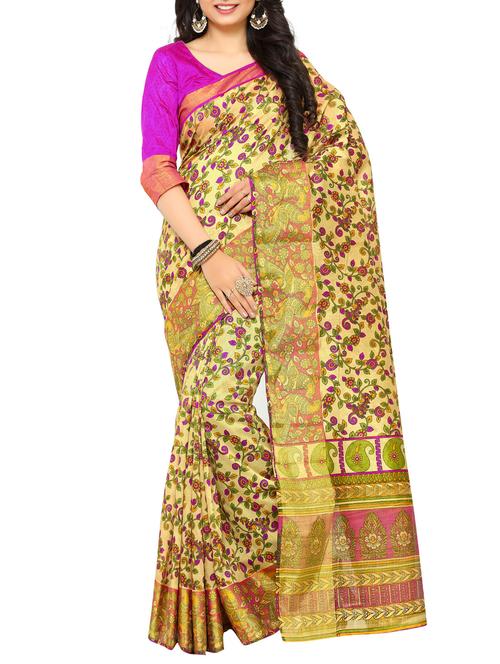 beige raw silk printed saree with blouse - 14989106 - Standard Image - 1
