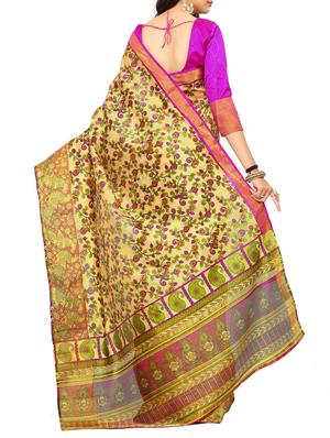 beige raw silk printed saree with blouse - 14989106 - Standard Image - 2