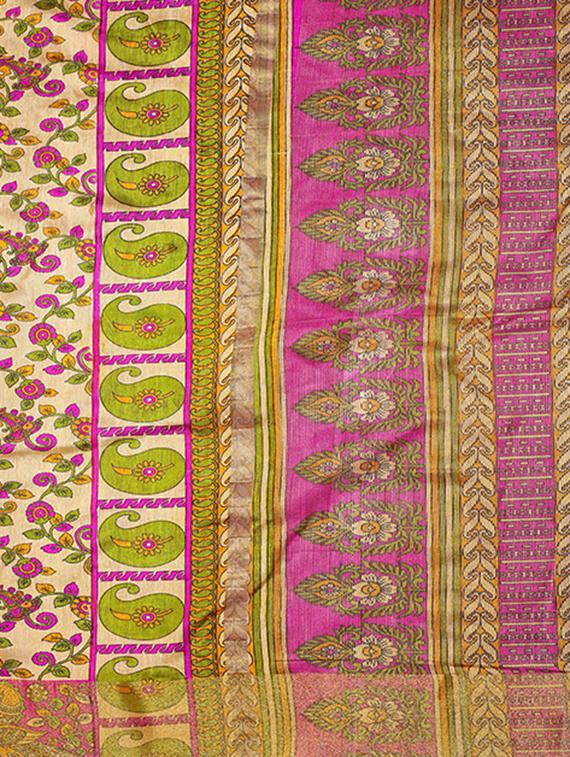beige raw silk printed saree with blouse - 14989106 - Zoom Image - 4