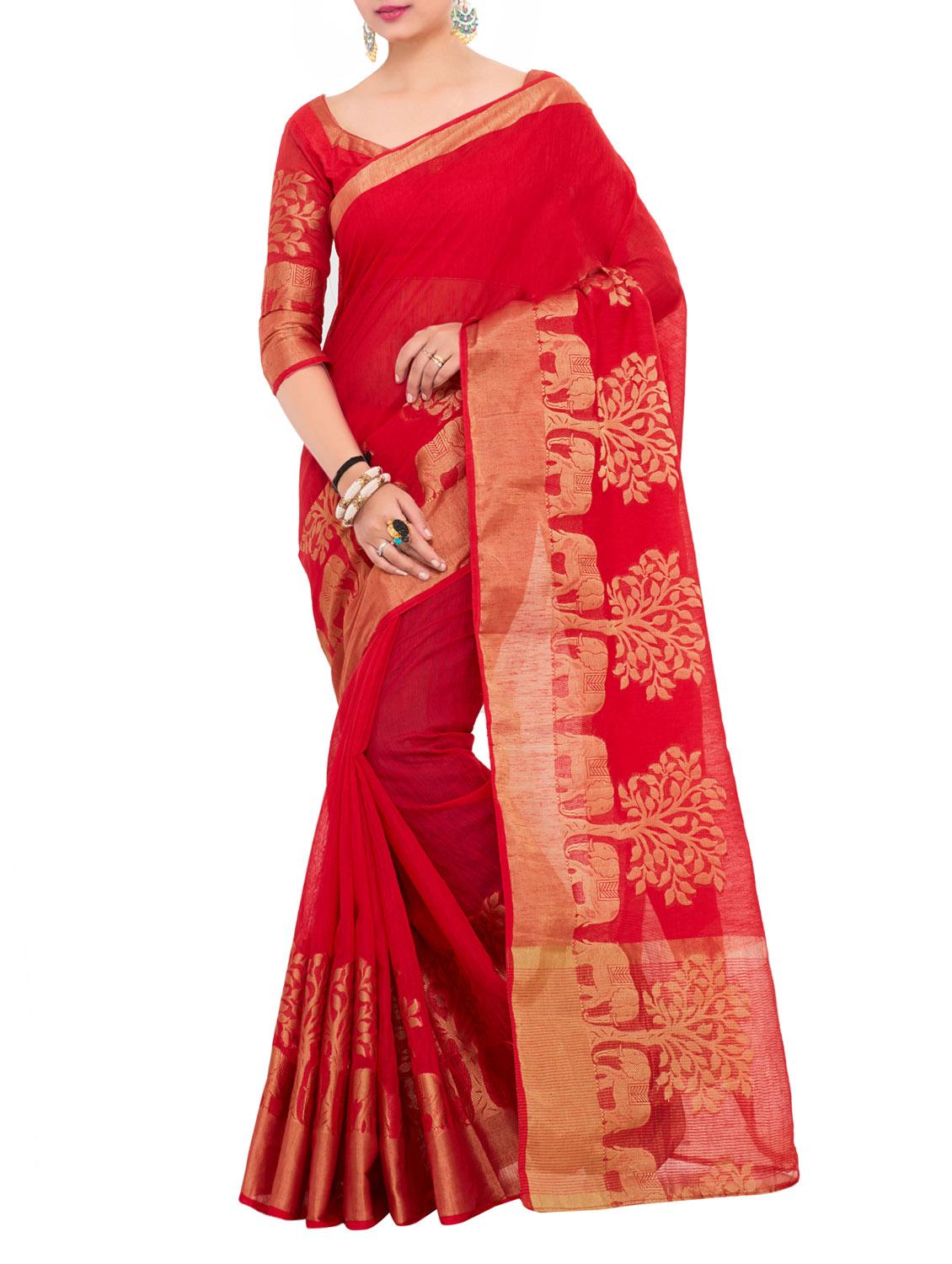 red art silk woven saree with blouse - 14989128 - Zoom Image - 1