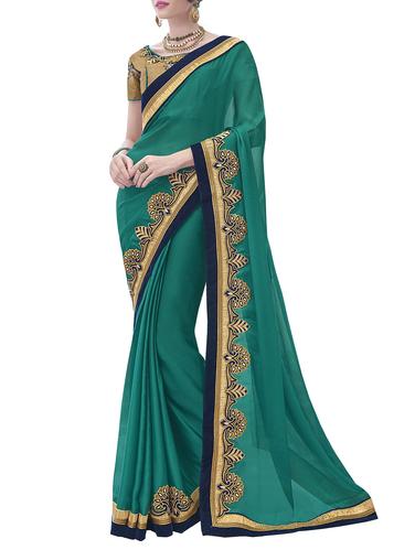 green satin bordered saree with blouse - 14989918 - Very Small Image - 1
