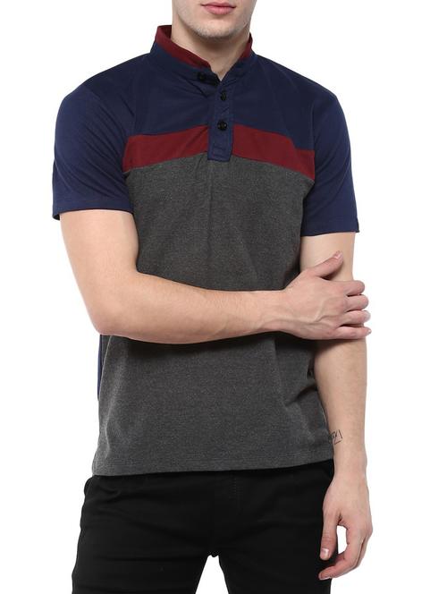grey color block collared t-shirt - 14989983 - Standard Image - 1