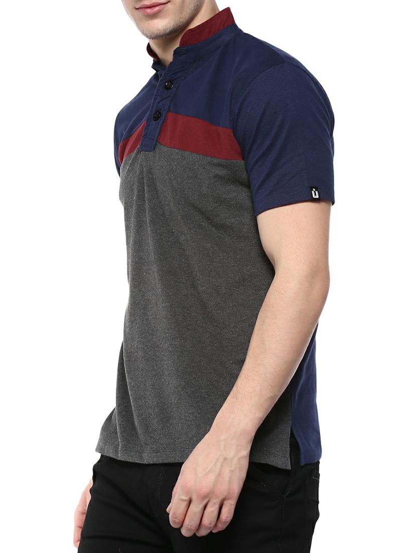 grey color block collared t-shirt - 14989983 - Zoom Image - 2