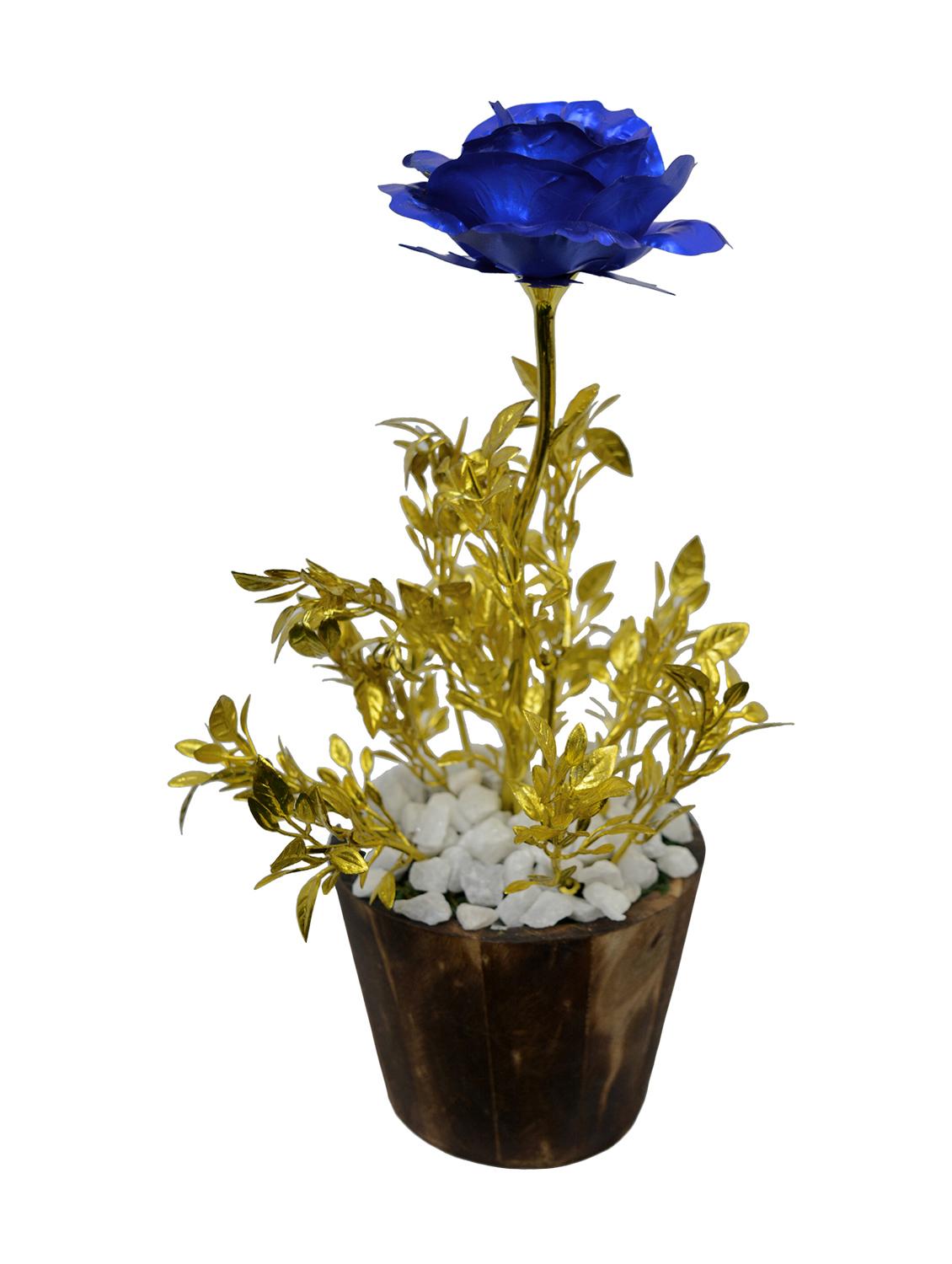 Artificial Flower Golden Rose with Tulsi (26 cm/ 10 inchs) in Wood round small pot - 14993963 - Zoom Image - 1