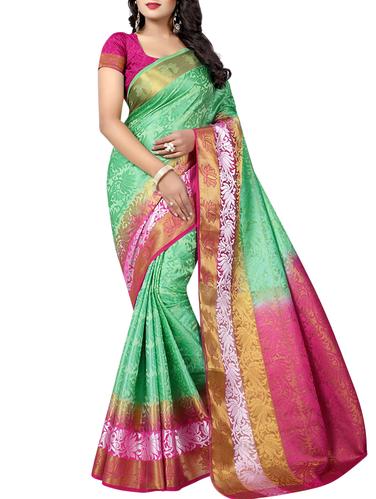 green cotton silk woven saree with blouse - 14994012 - Very Small Image - 1