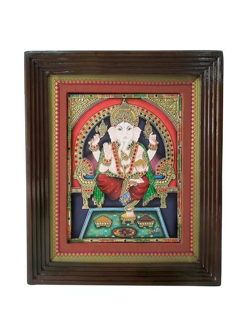 gold plated seated ganesha tanjore painting - 14995097 - Standard Image - 1