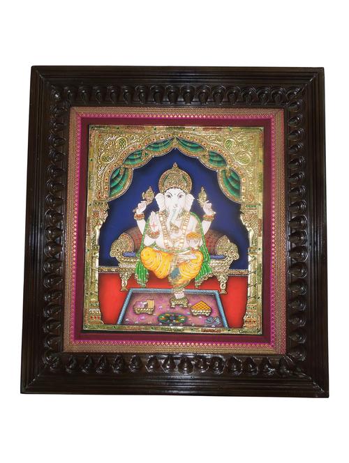 gold plated ganseha tanjore painting - 14995117 - Very Small Image - 1