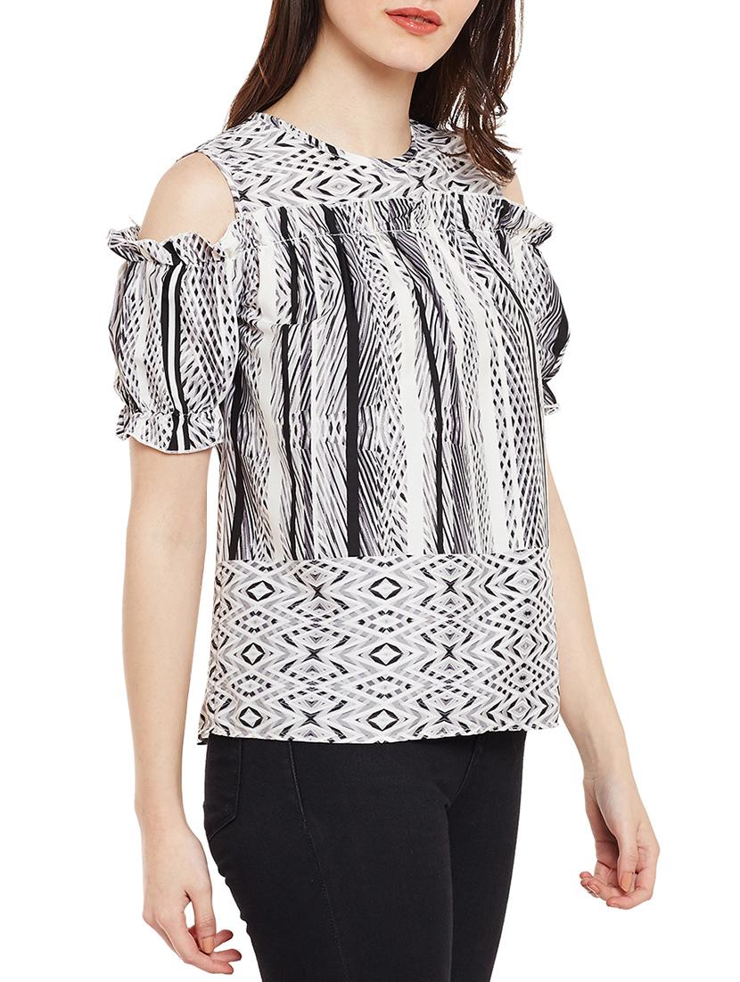 frilled trim cold shoulder top - 14997819 - Zoom Image - 2