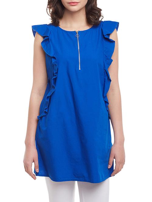solid blue cotton ruffled tunic - 14997821 - Standard Image - 1