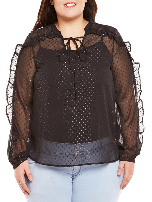 ruffled trim tie up neck plus top - 14997829 - Standard Image - 1