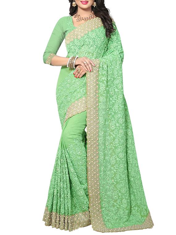 green georgette embroidered saree with blouse - 14999448 - Zoom Image - 1