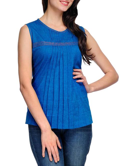 fuchsia designs blue cotton a-line solid kurti - 14999507 - Very Small Image - 1