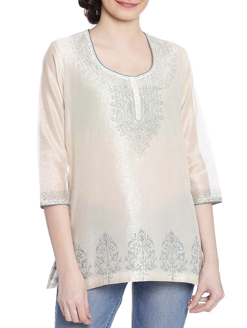fuchsia designs cream chanderi straight kurti - 14999509 - Zoom Image - 1