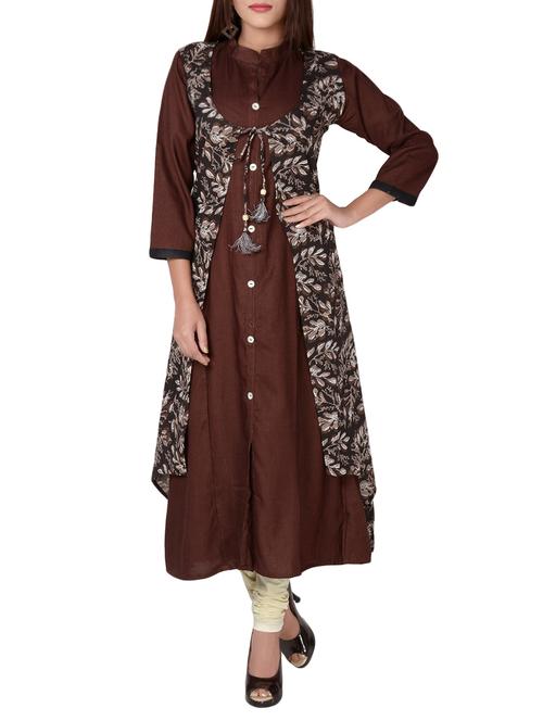 brown cotton aline kurta - 15000546 - Very Small Image - 1