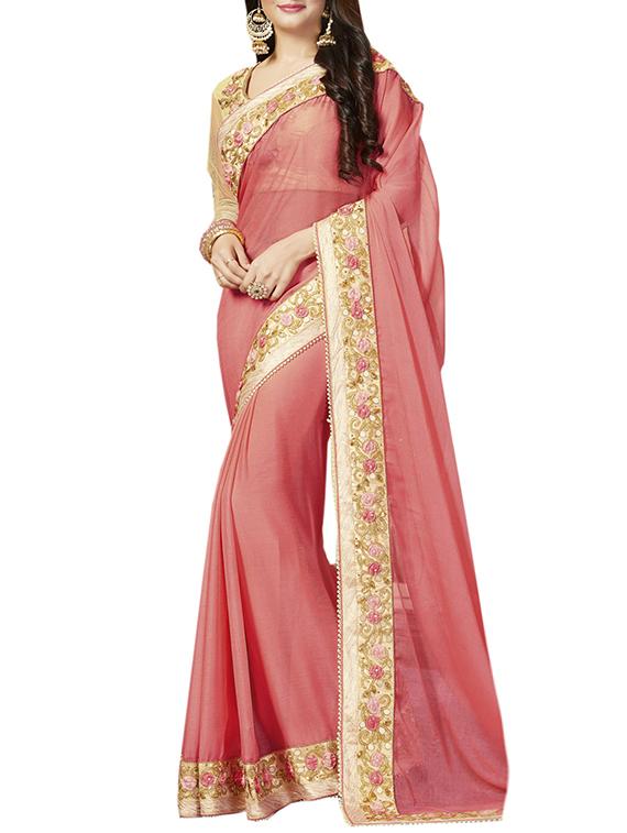 pink georgette bordered saree with blouse - 15001056 - Zoom Image - 1