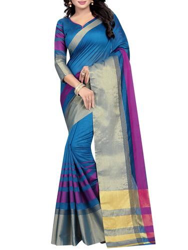 blue cotton silk printed saree with blouse - 15001246 - Very Small Image - 1