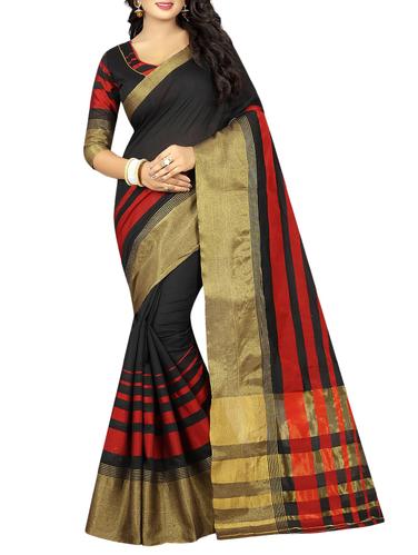 black cotton silk printed saree with blouse - 15001247 - Very Small Image - 1