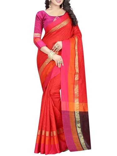 red cotton silk bordered saree with blouse - 15001261 - Very Small Image - 1