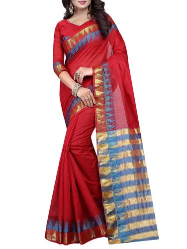 red cotton silk bordered saree with blouse - 15001265 - Very Small Image - 1