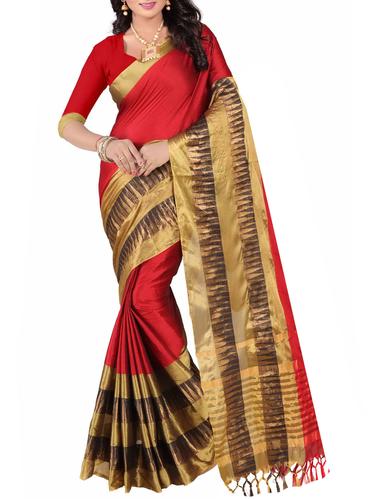 red cotton silk woven saree with blouse - 15001276 - Very Small Image - 1