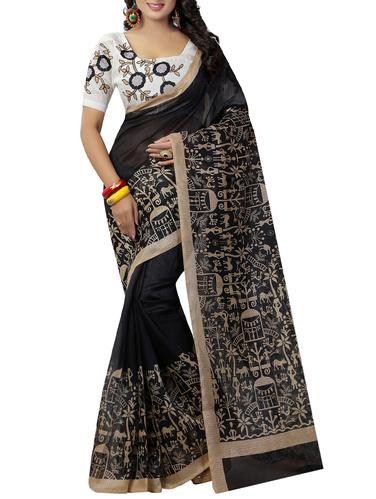 black cotton silk printed saree with blouse - 15001289 - Very Small Image - 1