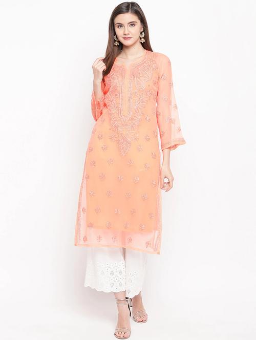 ada peach georgette straight chikankari kurta - 15001309 - Standard Image - 1