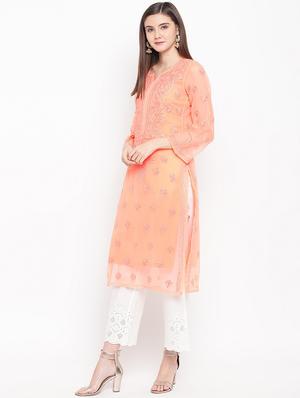 ada peach georgette straight chikankari kurta - 15001309 - Standard Image - 2