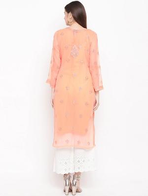 ada peach georgette straight chikankari kurta - 15001309 - Standard Image - 3