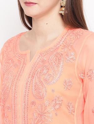 ada peach georgette straight chikankari kurta - 15001309 - Standard Image - 4