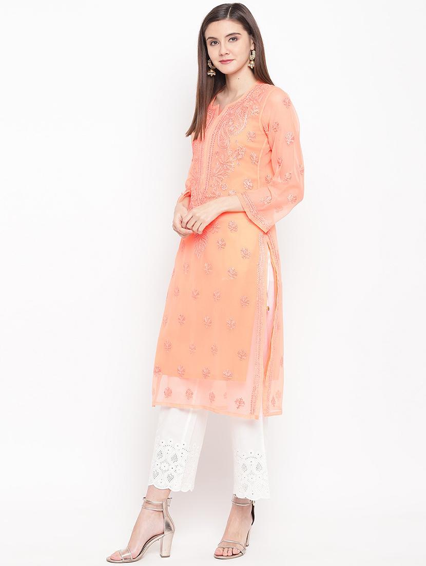 ada peach georgette straight chikankari kurta - 15001309 - Zoom Image - 2